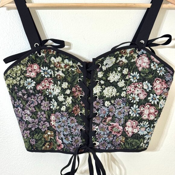 Floral Tapestry Corset Lace-Up Crop Top Fairy Romantic Ren Fair Regency Witchy - Picture 2 of 11